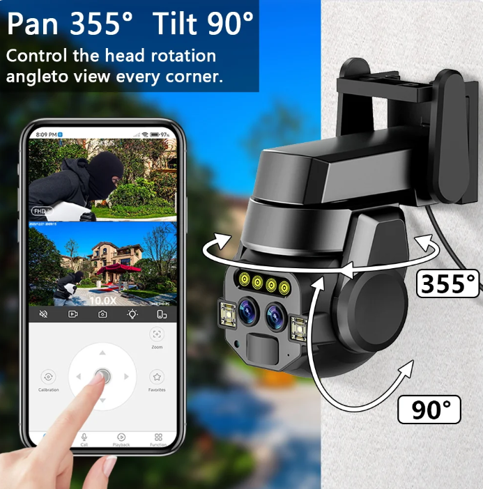 Outdoor High Security Camera with 10x Optical Zoom, Dual 6MP Lenses, Night Vision, Motion Detection & Two-Way Audio β WiFi & Wired Connectivity