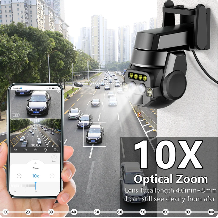 Outdoor High Security Camera with 10x Optical Zoom, Dual 6MP Lenses, Night Vision, Motion Detection & Two-Way Audio – WiFi & Wired Connectivity